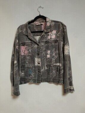 Chico’s Distressed Denim Jacket Women’s Size 3 / XL Gray Floral Print